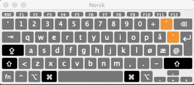 Her er det norske tastaturet, men se hva som skjer når du trykker på Alt-tasten.